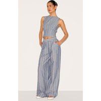 Tall Blue Linen Look Striped Wide Leg Pants | PrettyLittleThing US