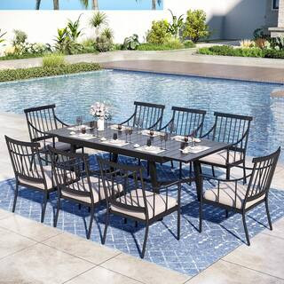 9-Piece Metal Outdoor Dining Set with Extensible Table and Stylish Chairs with Beige Cushions | The Home Depot