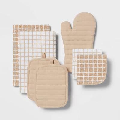 7pc Cotton Kitchen Textile Set Tan - Room Essentials™: Includes Oven Mitt, Kitchen Towels, Pot Holders, Dish Cloths | Target