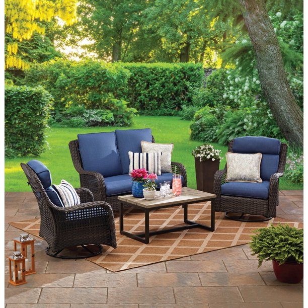 Better Homes & Gardens Ravenbrooke 4-Piece Outdoor Wicker Swivel Chair Conversation Set, Blue - W... | Walmart (US)