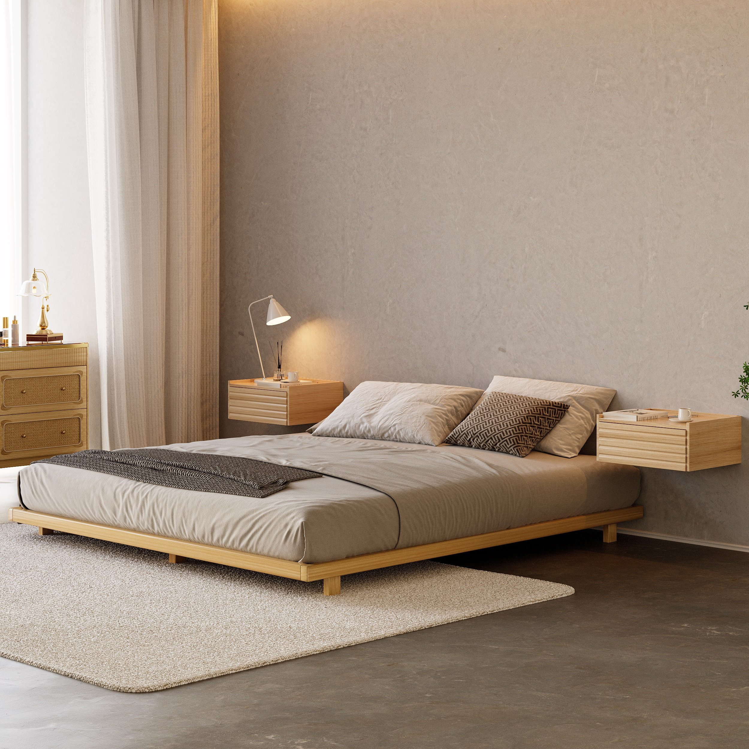 Japanese Style King Low Bed Frame Natural Floor Bed with Carbon Steel Slats and Wood-Finished Metal Frame | Homary