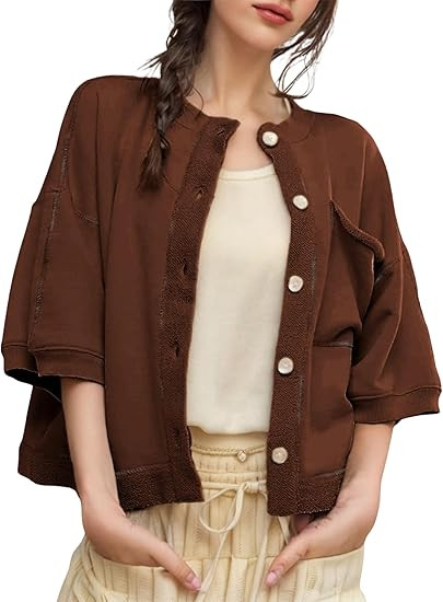 QIBABU Womens Button Down Cardigan Casual Open Front 3/4 Sleeve Crewneck Sweatshirt Tops | Amazon (US)