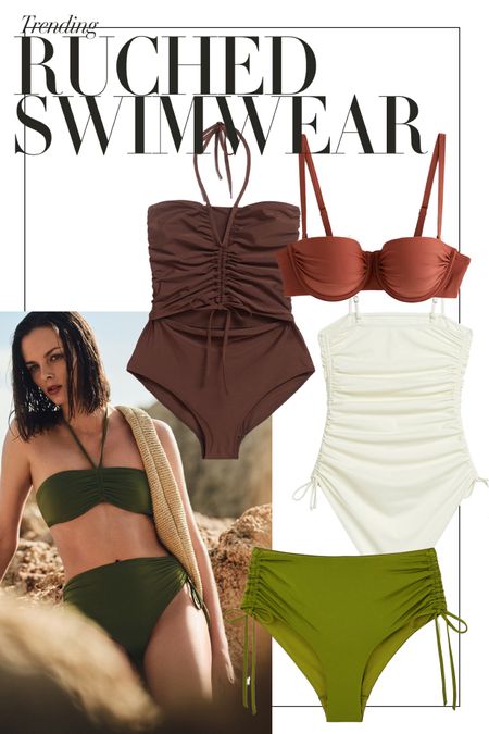 Love this flattering style of swimwear for summer ☀️☀️
Ruched swimsuit | Ruched bikini top | High waisted bikini bottoms | Brown | Olive green | Poolside looks | Holiday outfits 

#LTKsummer #LTKswimwear #LTKstyletip
