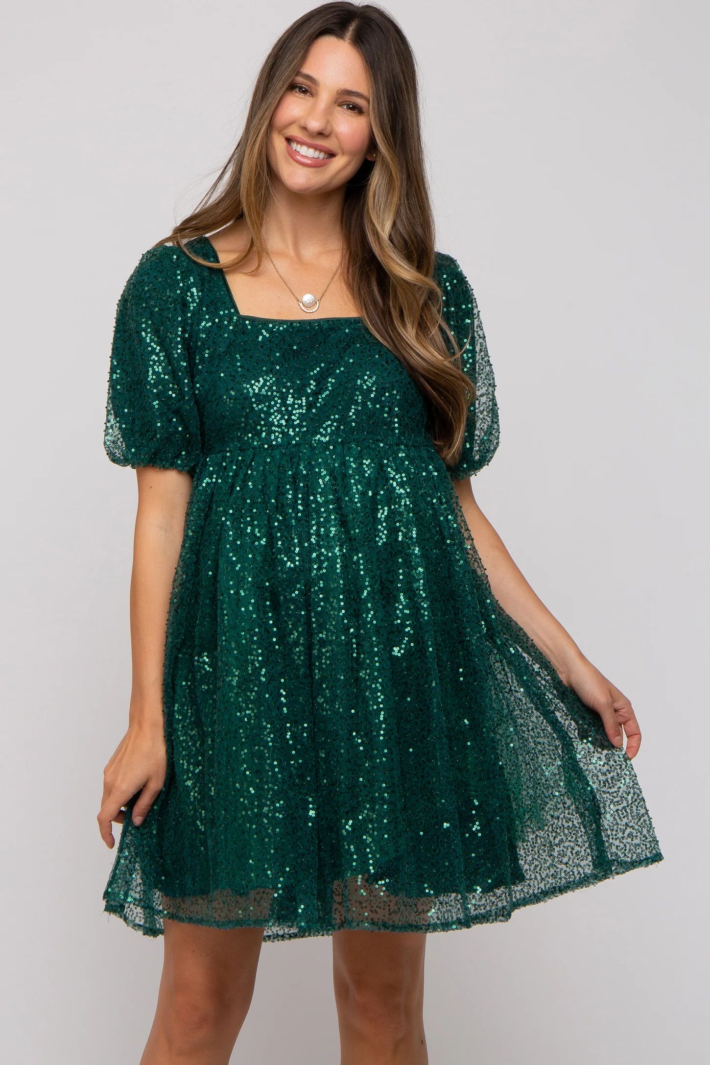 Forest Green Sequin Pearl Embellished Square Neck Babydoll Maternity Dress | PinkBlush Maternity