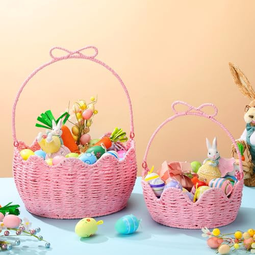 FoldTier 2 Pcs Pink Easter Gift Basket Empty with Handle Woven Paper Rope Easter Basket for Gifting, Storage, Gathering, Foraging, Garden Trug, Decoration Large & Medium, 12” x 10” x 6”, 10” x 8” x 4” | Amazon (US)