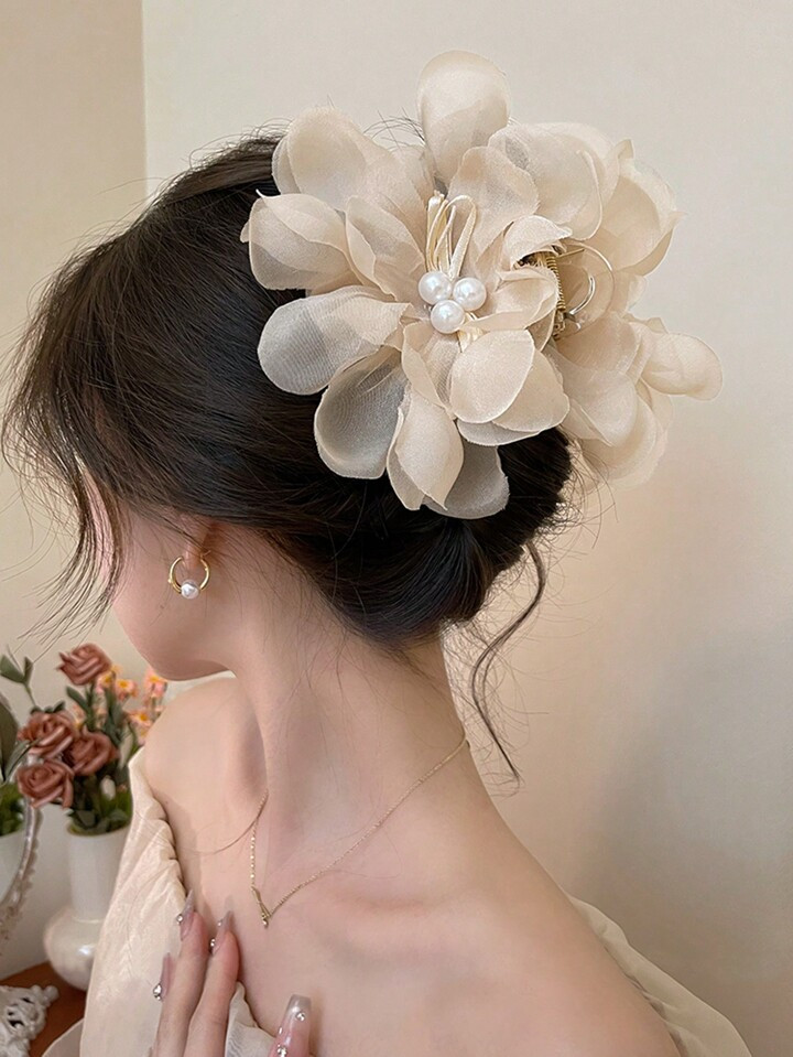 1pc Pearl Decorated Super Fairy Pink Mesh Flower Hair Claw, Elegant And Versatile Hair Accessory ... | SHEIN