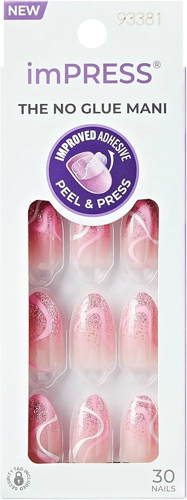 KISS imPRESS No Glue Mani Press On Nails, Design, 'Wild Venus', Pink, Medium Size, Almond Shape, ... | Amazon (US)
