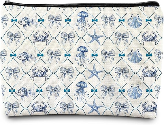 Blue and White Chinoiserie Coastal Beach Makeup Bag, Coquette Beachy Jellyfish Crab Starfish Seas... | Amazon (US)