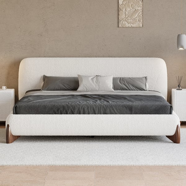 Curva Modern White Boucle Platform Bed King Size Bed Frame with Upholstered Headboard | Homary