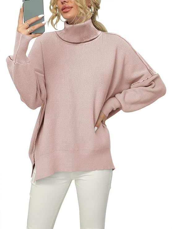 ANRABESS Women Turtleneck Batwing Sleeve Oversized Side Slit Ribbed Knit Pullover Sweater Top | Amazon (US)