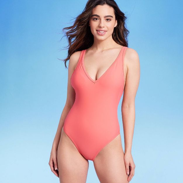 Women's V-Neck Over the Shoulder High Leg One Piece Swimsuit - Kona Sol™ Peach Orange | Target