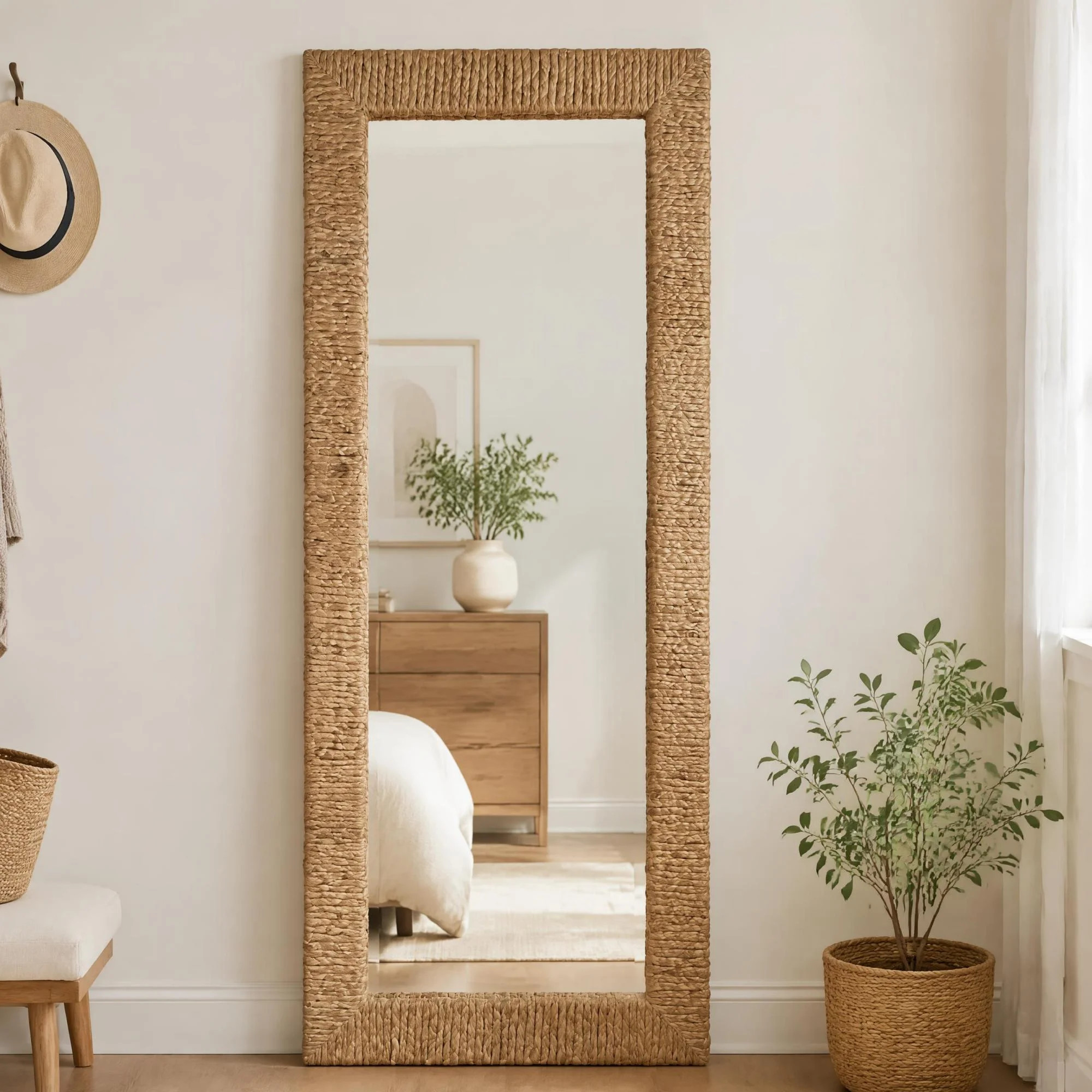 Rectangular Full Length Mirror Handwoven Straw Rope Frame Freestanding & Wall Mounted Coastal Decor Mirror | Wayfair North America