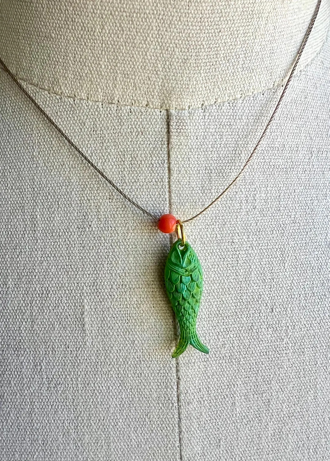 Green fish charm necklace, vintage verdigris pendant | Etsy (US)