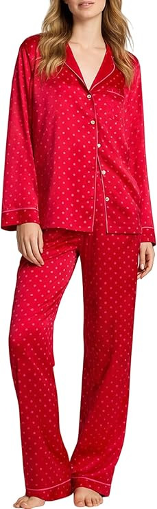 Faretumiya Women Silk Satin Pajama Set Polka Dot Pjs Long Sleeve Button Down Sleepwear 2 Piece Si... | Amazon (US)