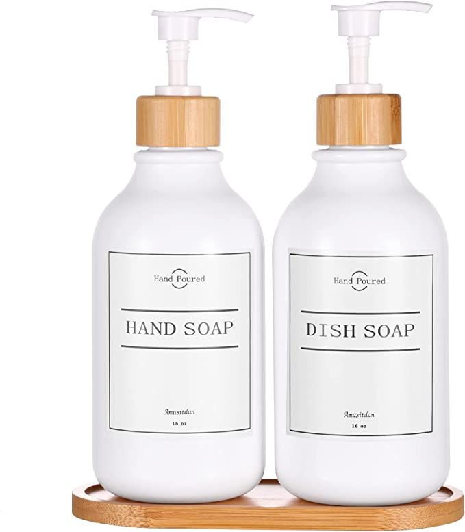 2 Pack Dish Soap Dispenser for Kitchen, 16oz Bathroom Soap Dispenser Set with Bamboo Pump and Soa... | Amazon (US)