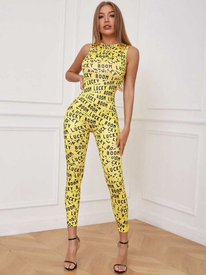 Letter Graphic Round Neck Unitard Jumpsuit | SHEIN
