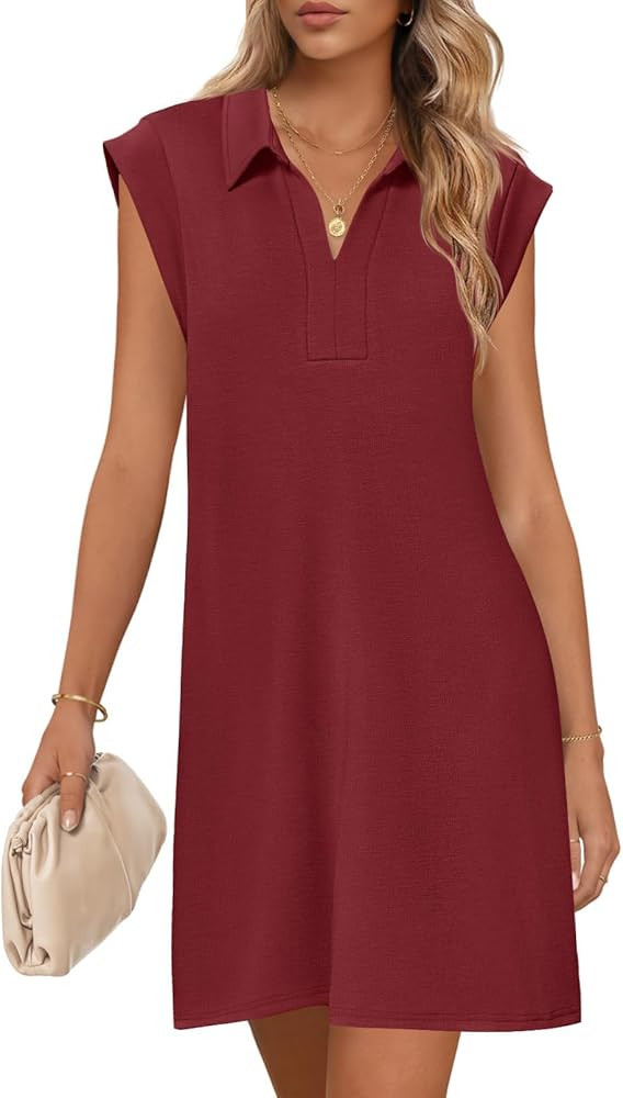 MEROKEETY Women's 2026 Summer Short Sleeve Mini Dress Casual Collared V Neck Loose T Shirt Dresse... | Amazon (US)