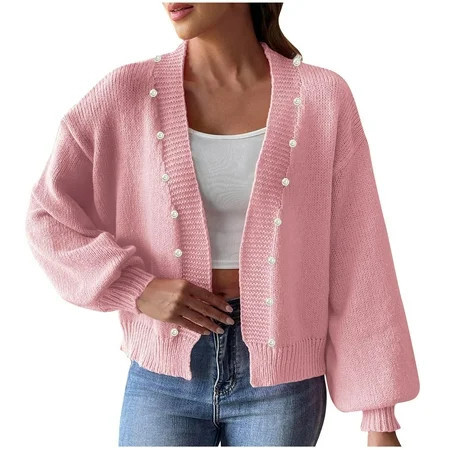 UTSJKR Women's Pearl Button Cardigan Sweater Long Sleeve Knitted Pullover Tops Loose Fit Fall Winter Warm Outerwear Pink L | Walmart (US)