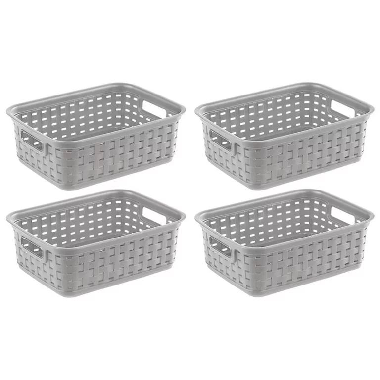 Sterilite Small Weave Basket Storage Bin Plastic Wicker Look Cement Gray, 4-Pack | Walmart (US)