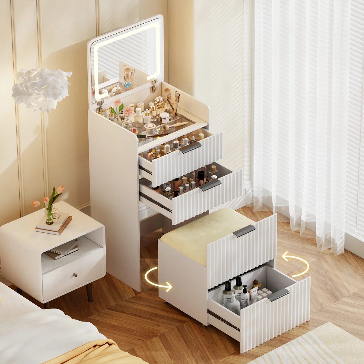 Compact Vanity Desk With Flip-up Led Mirror, Glass Drawer, And Hidden Stool Storage | Wayfair North America