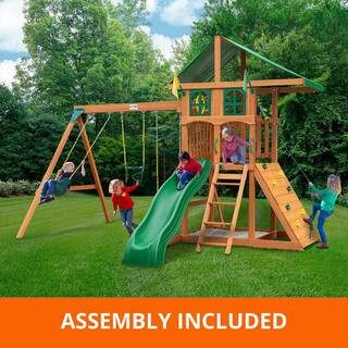 Professionally Assembled Outing III Treehouse Kids Outdoor Playground Set with Slide, Sandbox, Swing Set, Accessories | The Home Depot