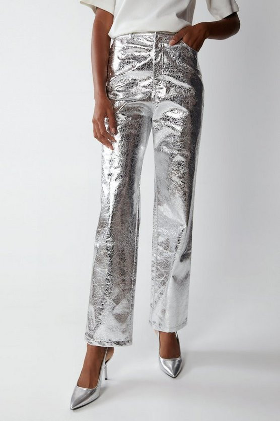 Premium Metallic Crackle Faux Leather Trouser | Warehouse UK & IE