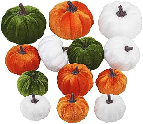 Winlyn 13 Pcs Assorted Mini Velvet Pumpkins Green Orange White Pumpkins for Halloween, Fall Thank... | Amazon (US)