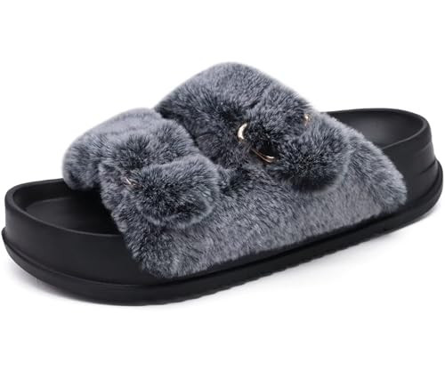 KuaiLu Women's Fluff Slippers Black Size 12, Plantar Fasciitis Arch Support Platform Slippers Ladies Fashion Open Toe Faux Fur Sliders House Slipper | Amazon (US)