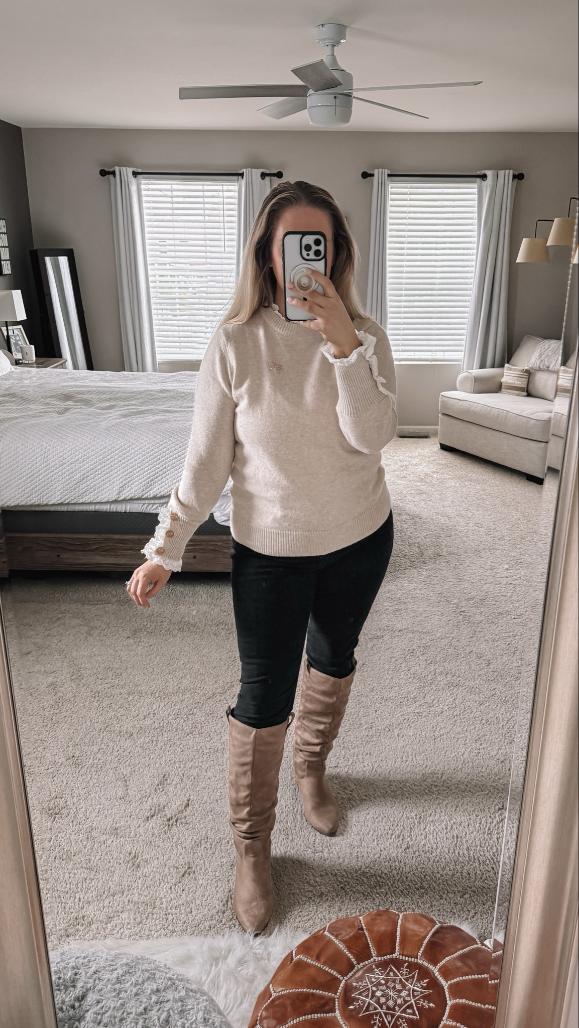 Afternoon tea outfit. Lace trim sweater and soft suede boots  

#LTKgrwm #LTKootd #LTKMidsize