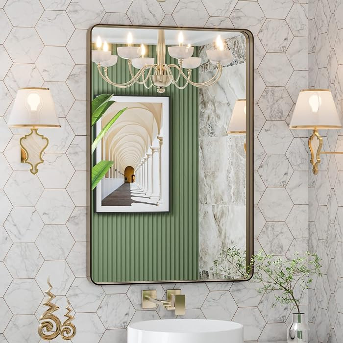 LOAAO 24”X36” Bronze Bathroom Mirrors for Vanity, Rounded Rectangle Brushed Bronze Metal Fram... | Amazon (US)