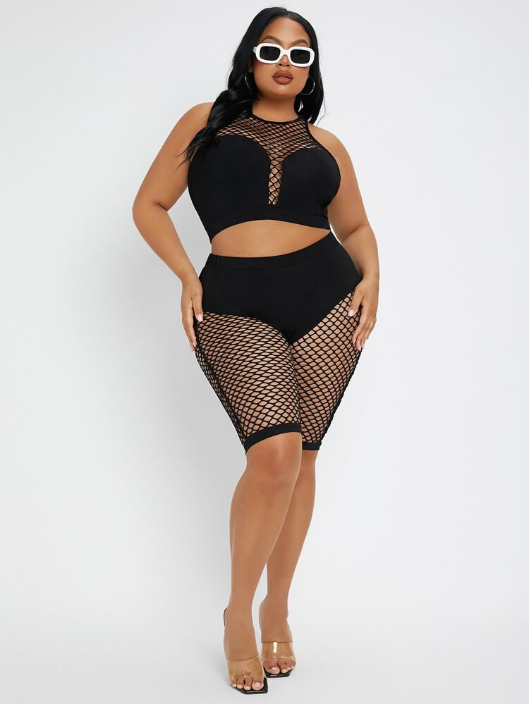 SHEIN SXY Plus Fishnet Insert Tank Top & Biker Shorts | SHEIN