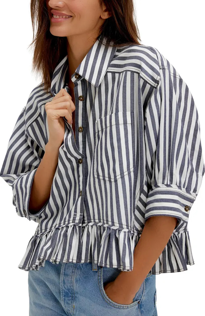 Bailey Stripe Ruffle Hem Cotton Button-Up Shirt | Nordstrom