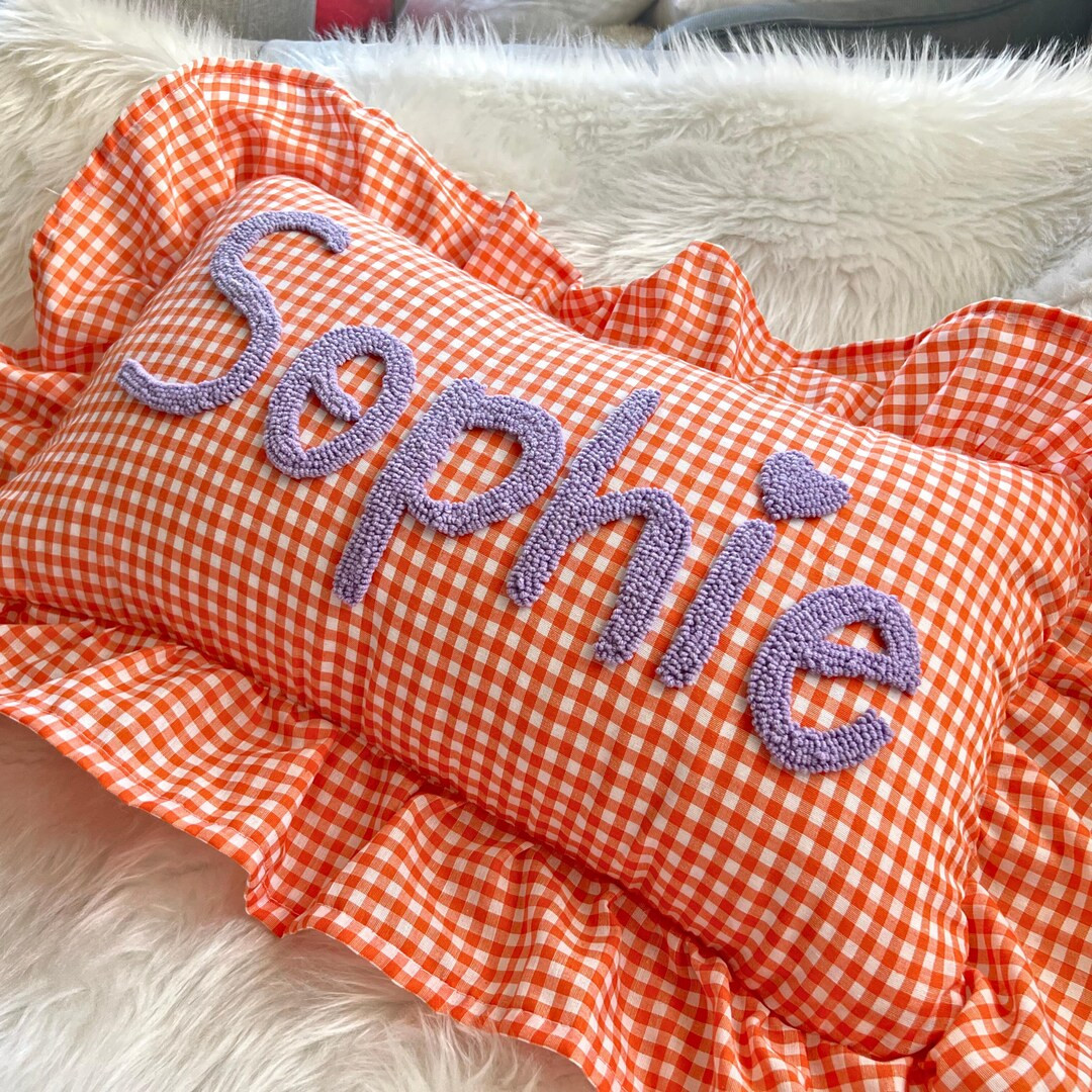 Personalized Gingham Ruffle Pillow, Custom Baby Name Cushion, Handmade Nursery Decor, Baby Girl B... | Etsy (US)