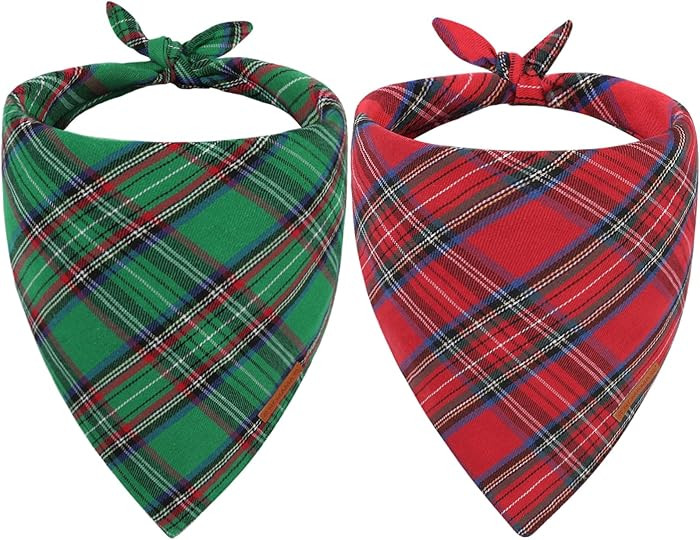 2pcs Christmas Dog Bandanas Red Green Plaid Double-Sided Reversible Triangle Scarf X-mas Holiday ... | Amazon (US)