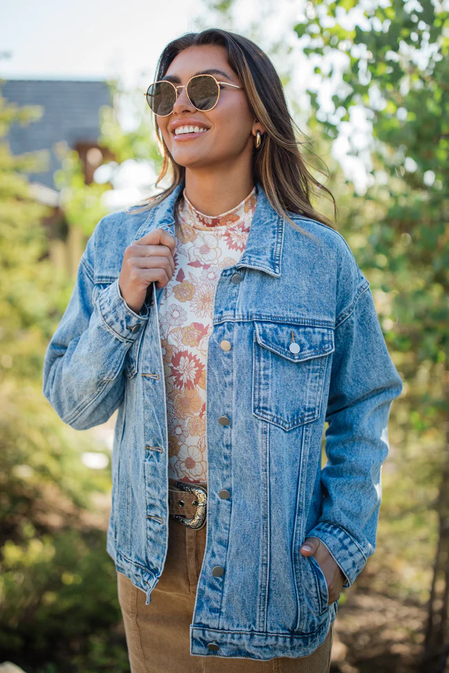 Let's Hear It Medium Wash Boyfriend Denim Jacket | Pink Lily