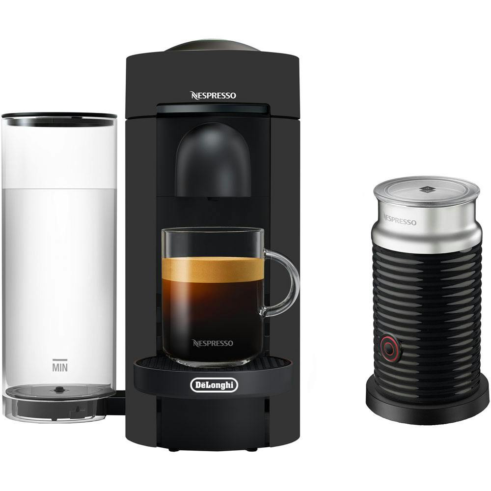 Nespresso VertuoPlus Coffee & Espresso Single-Serve Machine · Black Matte w/ Aeroccino Milk Frother in Black | Curated