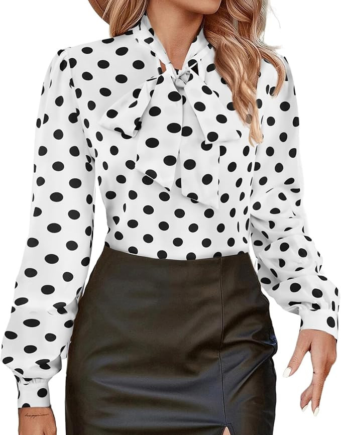 Avanova Women Tie Neck Bishop Long Sleeve Shirts Casual Work Blouses Tops | Amazon (US)