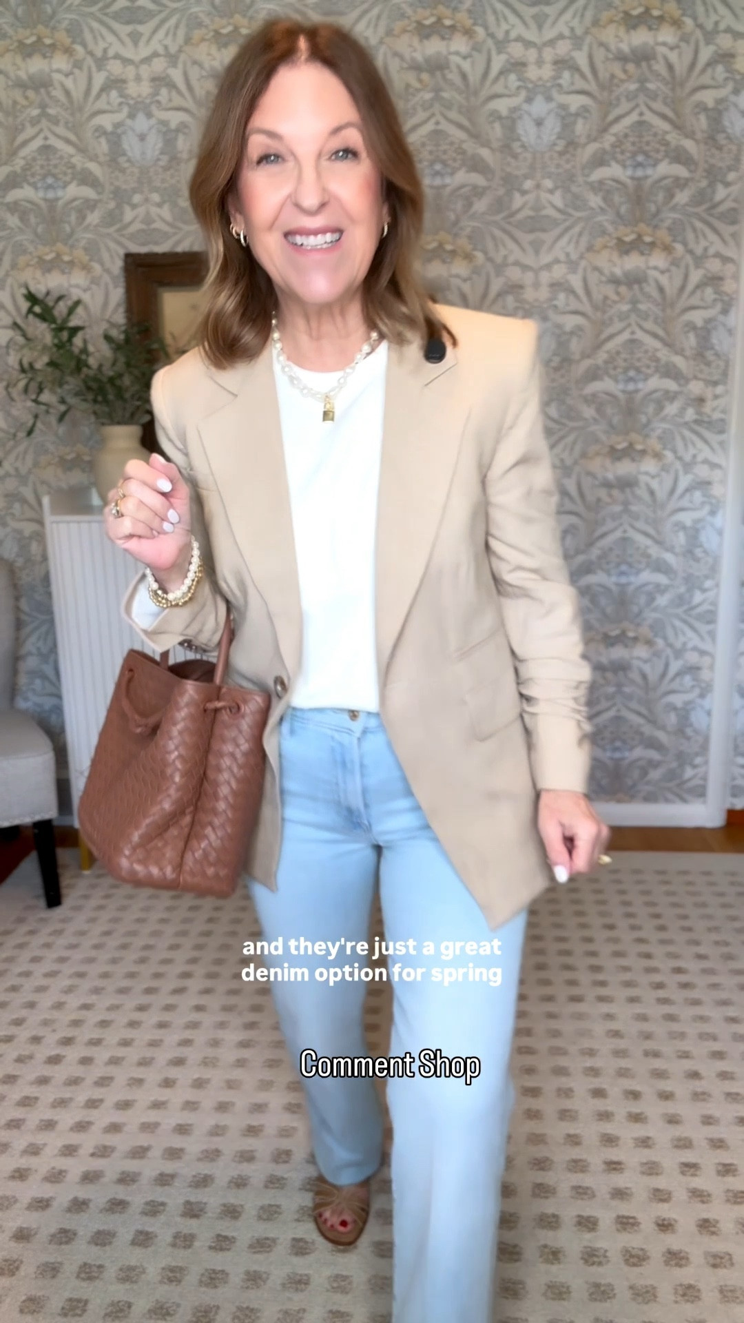 Light-wash jeans can be tricky, but I found this style and love them. I think you will too.  

It's stretchy, lighterweight, and so comfortable.  10.5 rise, 31 “ inseam.  Love this one for spring. 

Jeans are stretchy, and if between sizes, size down.  I wear jeans size 25/26, and I’m wearing a size 25 in this style. 

Blazer fits tts- I'm wearing size 0, top a runs tts, I'm wearing size xs. (love this top!!!). Also, shoes are so comfy and run true tts size.  I'm wearing size 6. 

#LTKOver40 #LTKSeasonal #LTKootd