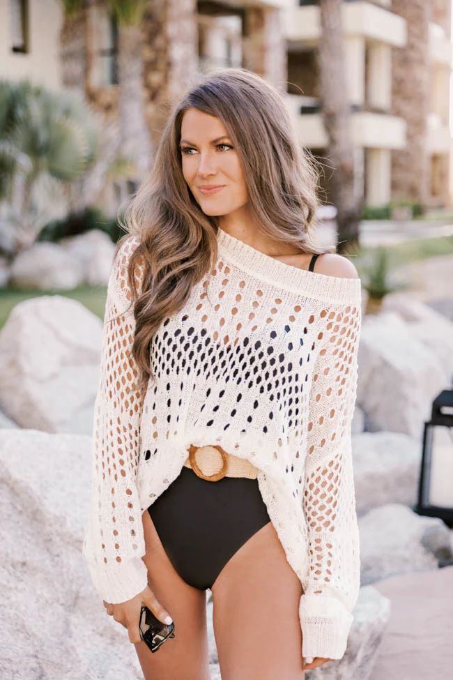 CAITLIN COVINGTON X PINK LILY The Ocean Isle Open Knit Cream Sweater | The Pink Lily Boutique