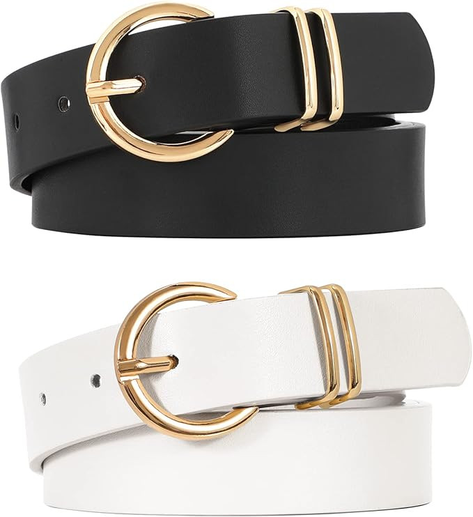VONMELLI 2 Pack Women's Leather Belts for Jeans Dresses Fashion Gold Buckle Ladies Belt | Amazon (US)