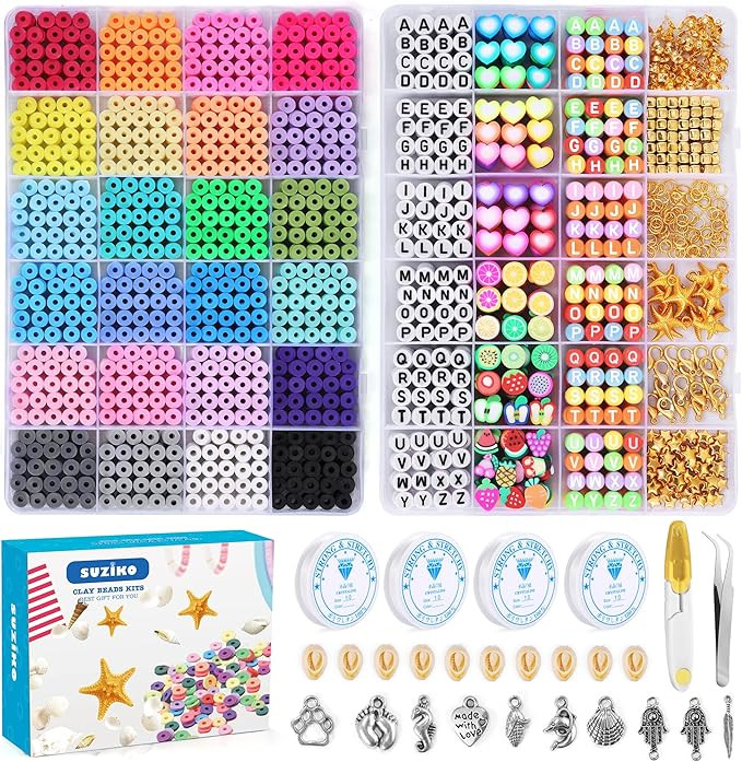 7400 Pcs Clay Beads Bracelet Making Kit, 24 Colors Flat Round 6mm Clay Beads for Jewelry Making w... | Amazon (US)
