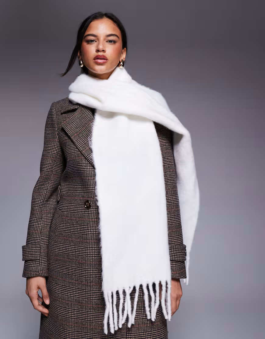 ASOS DESIGN woven fluffy tassel scarf in winter white | ASOS (Global)