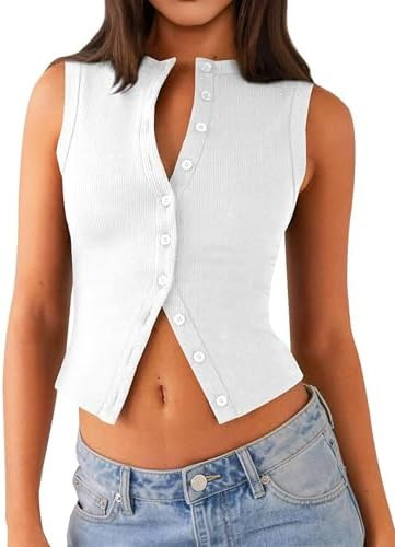 Womens Going Out Tops Summer Spring Ribbed Tank Sexy Crop Cute Y2K Button Down T Shirts Fashion C... | Amazon (US)