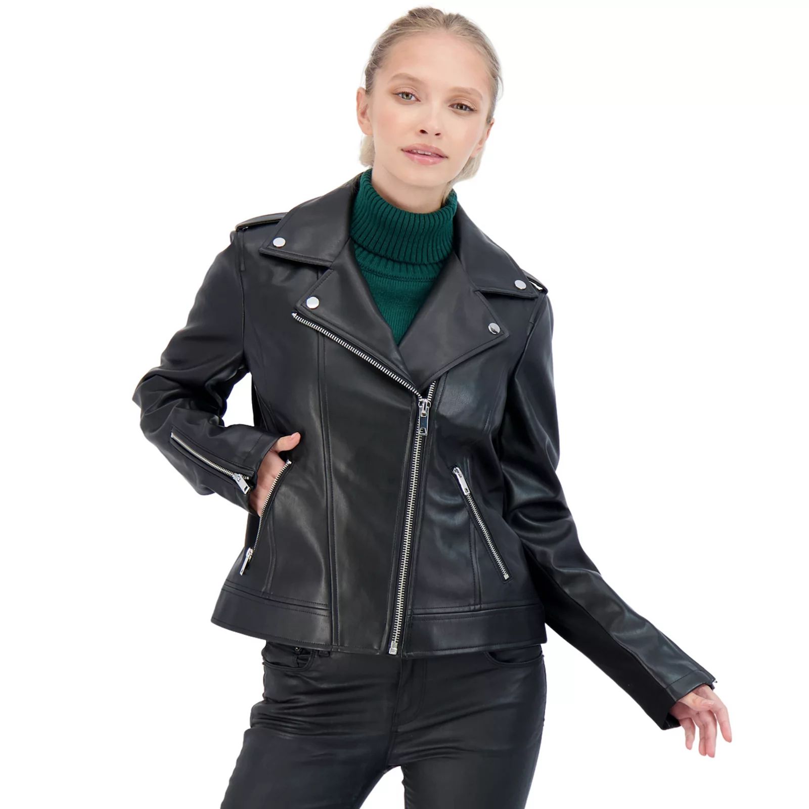 Women's Sebby Collection Faux-Leather Moto Jacket, Size: Large, Black | Kohl's