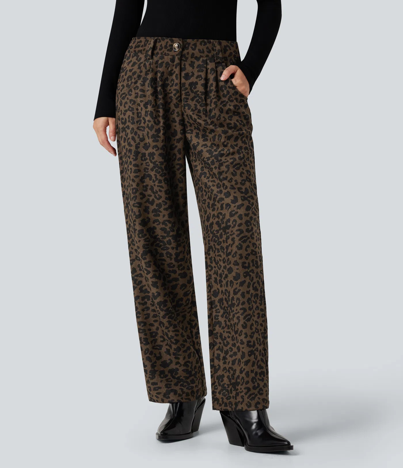 Women’s Mid Rise Leopard Print Corduroy Casual Straight-leg Pants with Pockets - Halara | HALARA