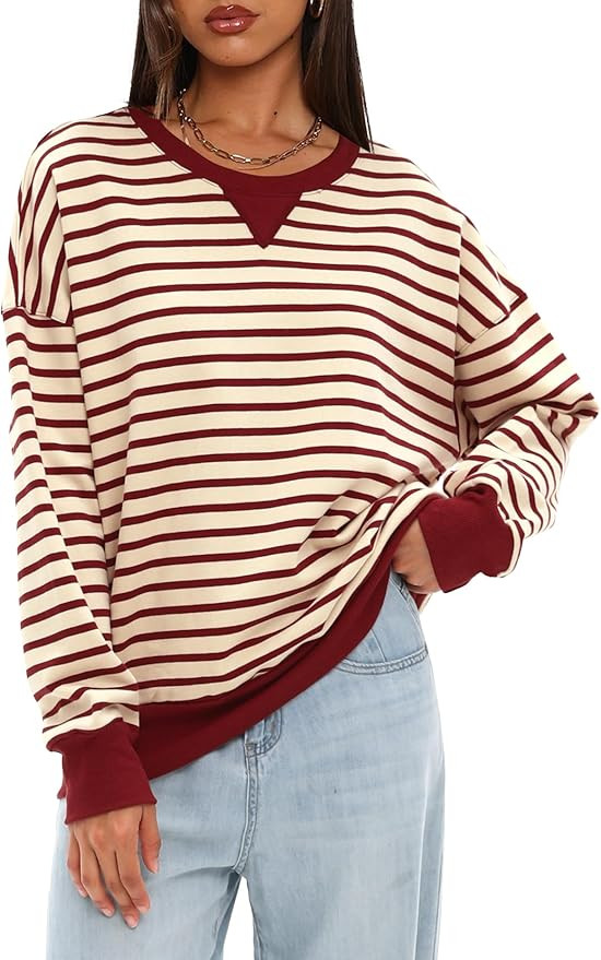 Darong Women Oversized Striped Color Block Long Sleeve Crew Neck Sweatshirt Casual Cotton Pullove... | Amazon (US)