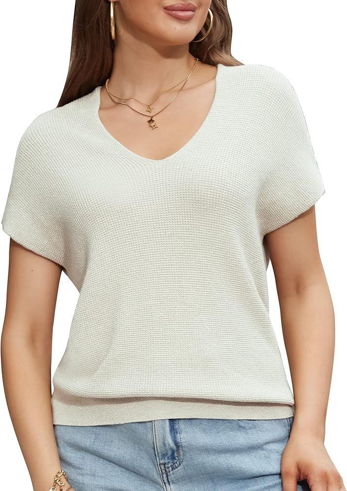 IFUROL Women's Cap Sleeve Sweater Vest Casual V-Neck Knit Lightweight Sweater Top | Amazon (US)