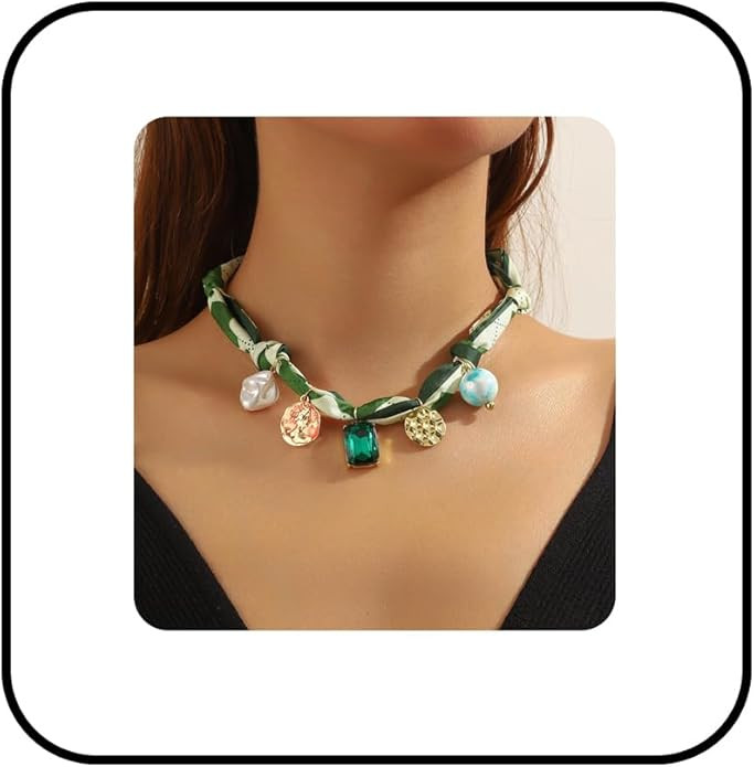 Fabric Scarf Necklac for Women,Vintage Bee Gemstone Choker Necklaces Boho Flowers Heart Pearl Mul... | Amazon (US)