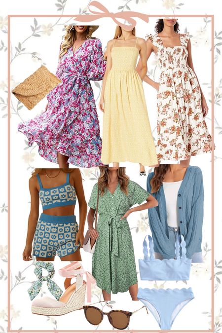 Amazon fashion. Amazon finds. Spring fashion. Floral dress. Floral wrap dress. Floral smock dress. Blue cardigan. Blue ruffle bikini. Straw handbag. Straw clutch. Pink espadrilles. Vacation. Resortwear. 
.
.
.
… 

#LTKunder100 #LTKsalealert #LTKstyletip