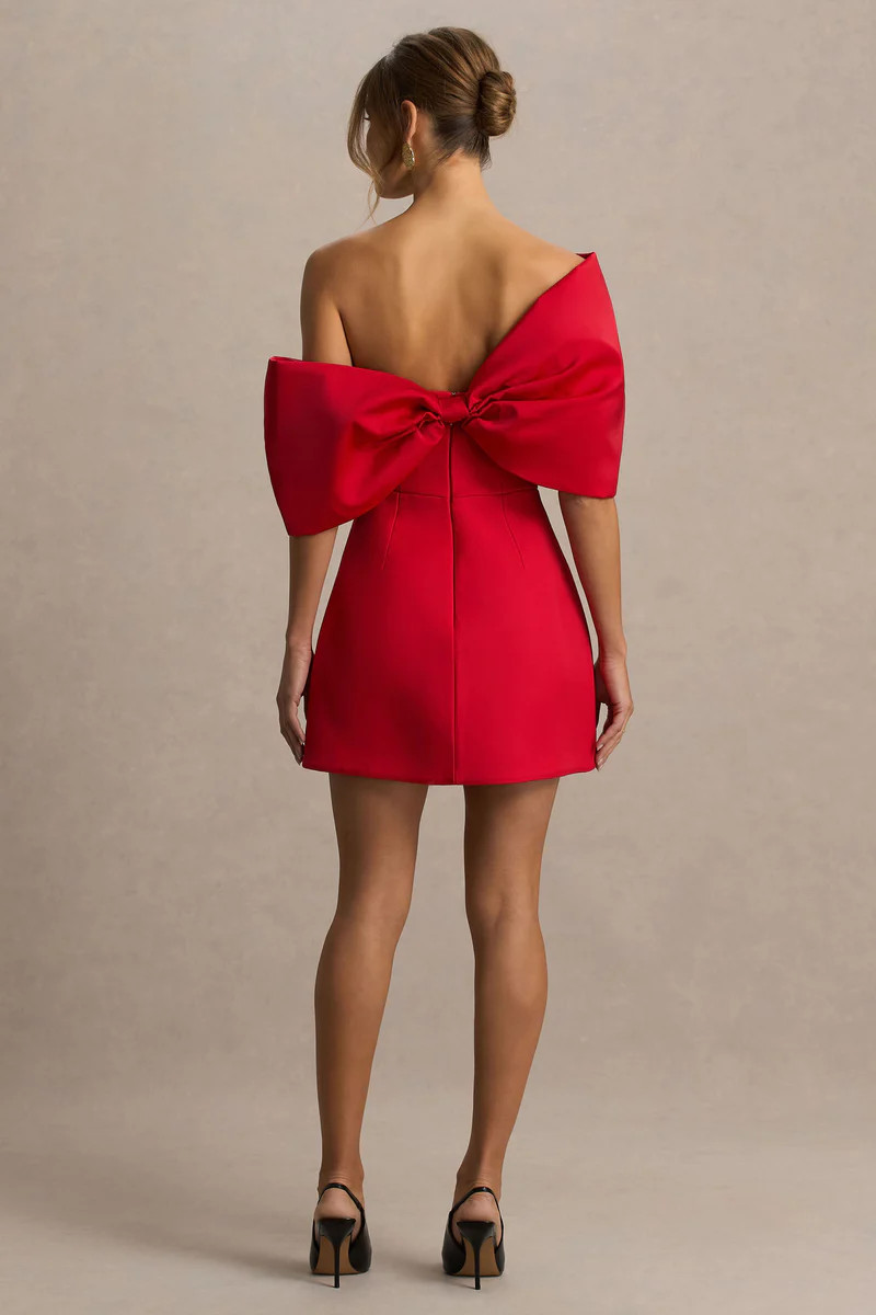 Tindra  Red Bandeau-Neck Mini Dress With Bow Sleeves | Club L London